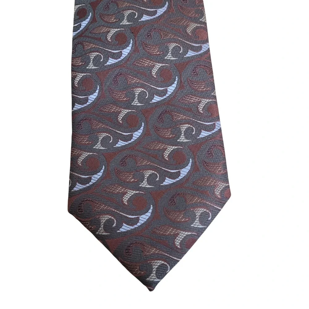 Roberto Villini Couture Mens Tie‎ Brown Silver Abstract Paisley Woven Silk Blend